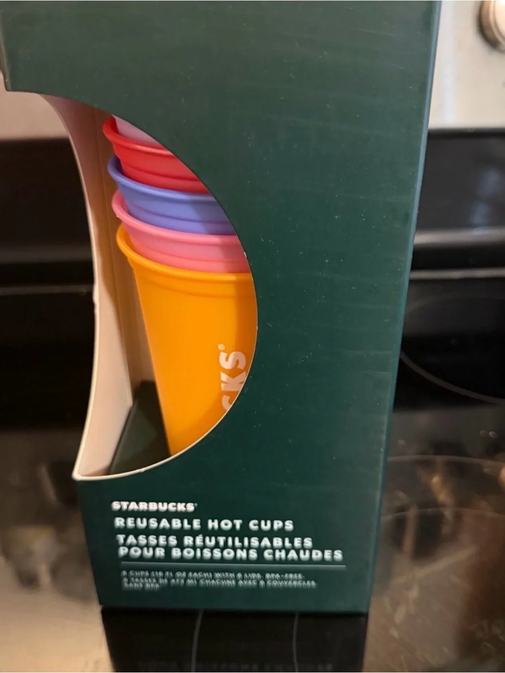 Brand new Starbucks Bright Yellow and Pastel Stackable 6 Reusable Cups w/lids